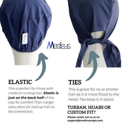 Medicus Caps comparison between elastic-backed and tie-back scrub caps, highlighting the benefits for different hair lengths and preferences.