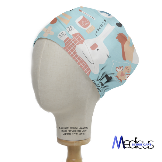 Vet Giant Animal Print Scrub Cap from Medicus Scrub Caps, featuring a playful veterinary-themed pattern on a light blue background.