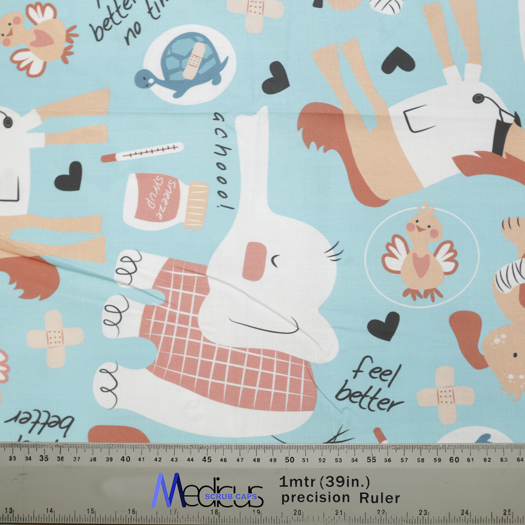Vet Giant Animal Print Scrub Cap from Medicus Scrub Caps, featuring cute sick animals, medical elements, and a light blue background.