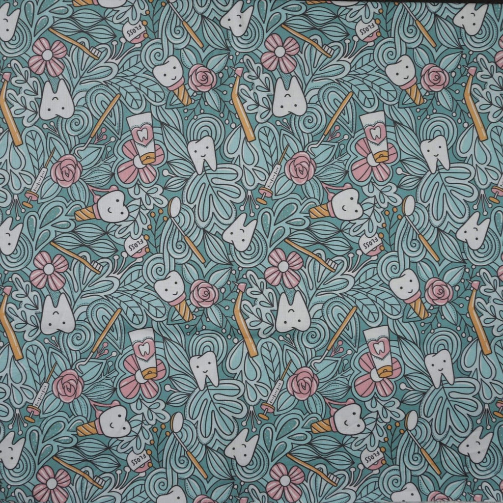 Medicus Scrub Caps presents the Abstract Jungle Tooth Teeth Scrub Cap, featuring cartoon teeth with faces, toothpaste tubes, toothbrushes, and pink flowers on a teal background. This handcrafted design is playful and repetitive with swirly lines adding movement.