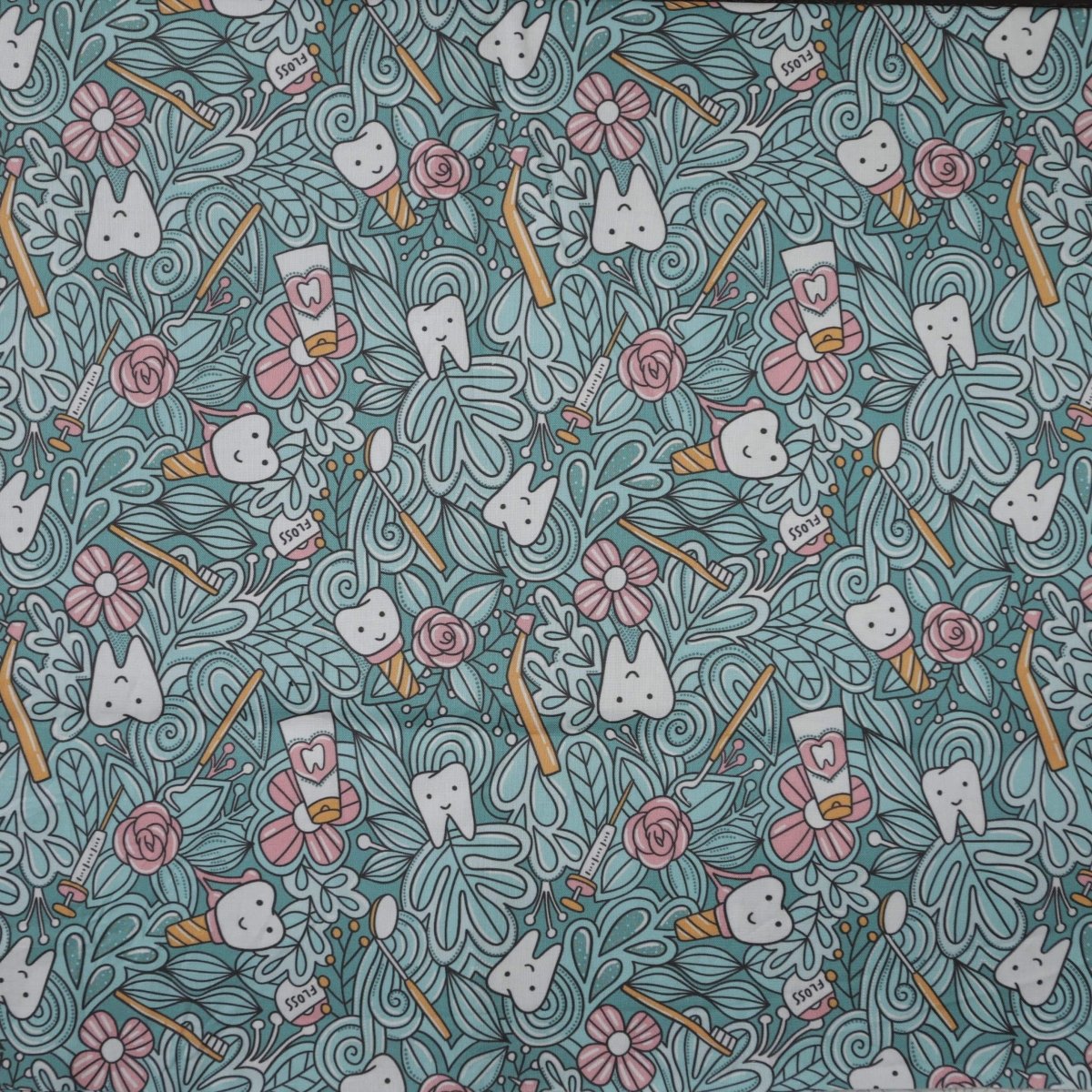 Medicus Scrub Caps presents the Abstract Jungle Tooth Teeth Scrub Cap, featuring cartoon teeth with faces, toothpaste tubes, toothbrushes, and pink flowers on a teal background. This handcrafted design is playful and repetitive with swirly lines adding movement.