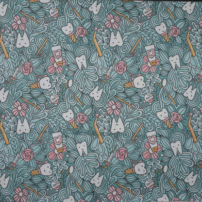 Medicus Scrub Caps presents the Abstract Jungle Tooth Teeth Scrub Cap, featuring cartoon teeth with faces, toothpaste tubes, toothbrushes, and pink flowers on a teal background. This handcrafted design is playful and repetitive with swirly lines adding movement.