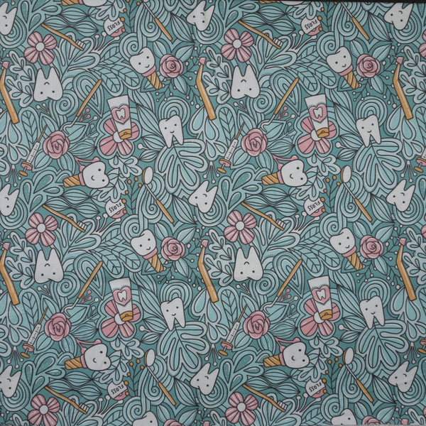Medicus Scrub Caps presents the Abstract Jungle Tooth Teeth Scrub Cap, featuring cartoon teeth with faces, toothpaste tubes, toothbrushes, and pink flowers on a teal background. This handcrafted design is playful and repetitive with swirly lines adding movement.