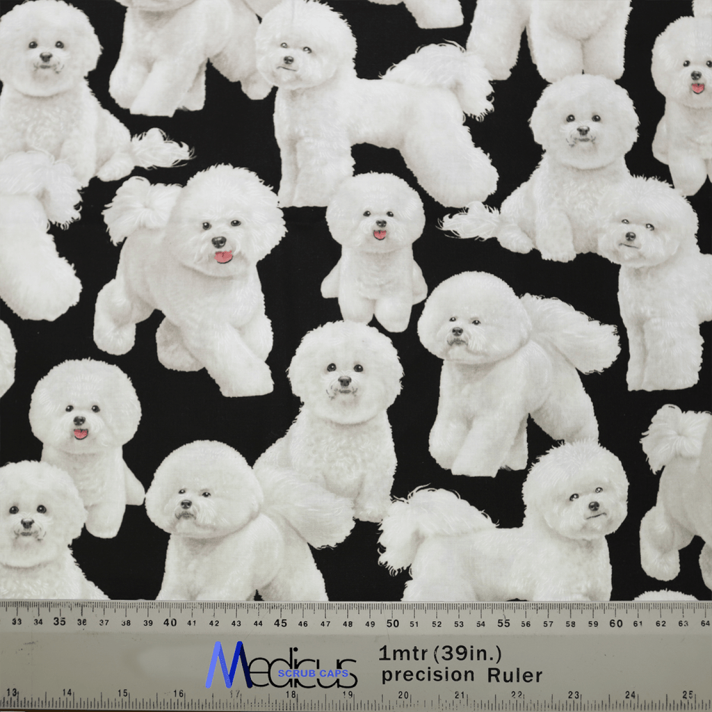 This Bichon Frise Dogs Scrub Cap from Medicus Scrub Caps features fluffy white dogs on an eco-friendly black fabric. A ruler indicates the fabric is either 1 meter or 39 inches wide, ideal for animal lovers looking to craft a unique scrub cap.