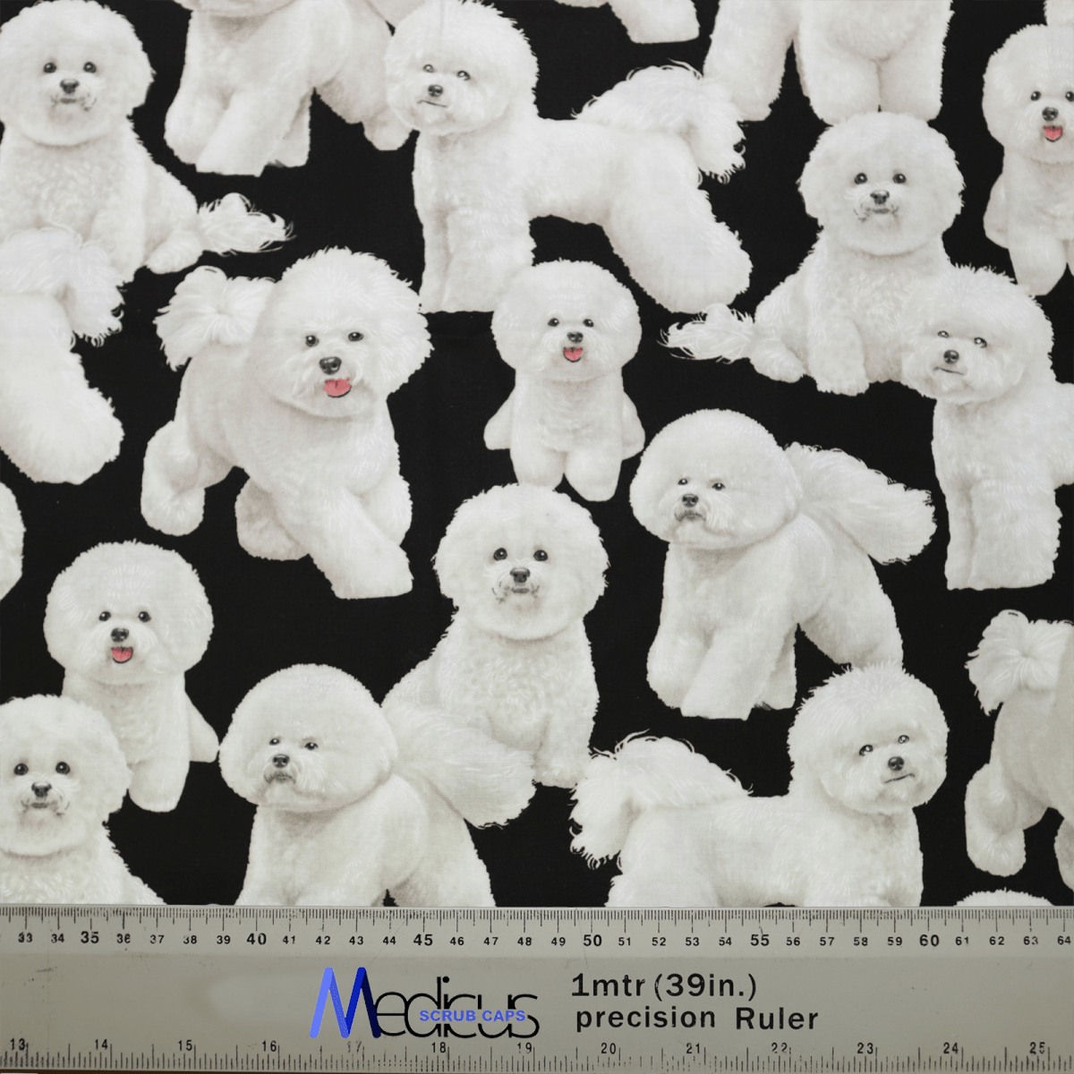 This Bichon Frise Dogs Scrub Cap from Medicus Scrub Caps features fluffy white dogs on an eco-friendly black fabric. A ruler indicates the fabric is either 1 meter or 39 inches wide, ideal for animal lovers looking to craft a unique scrub cap.