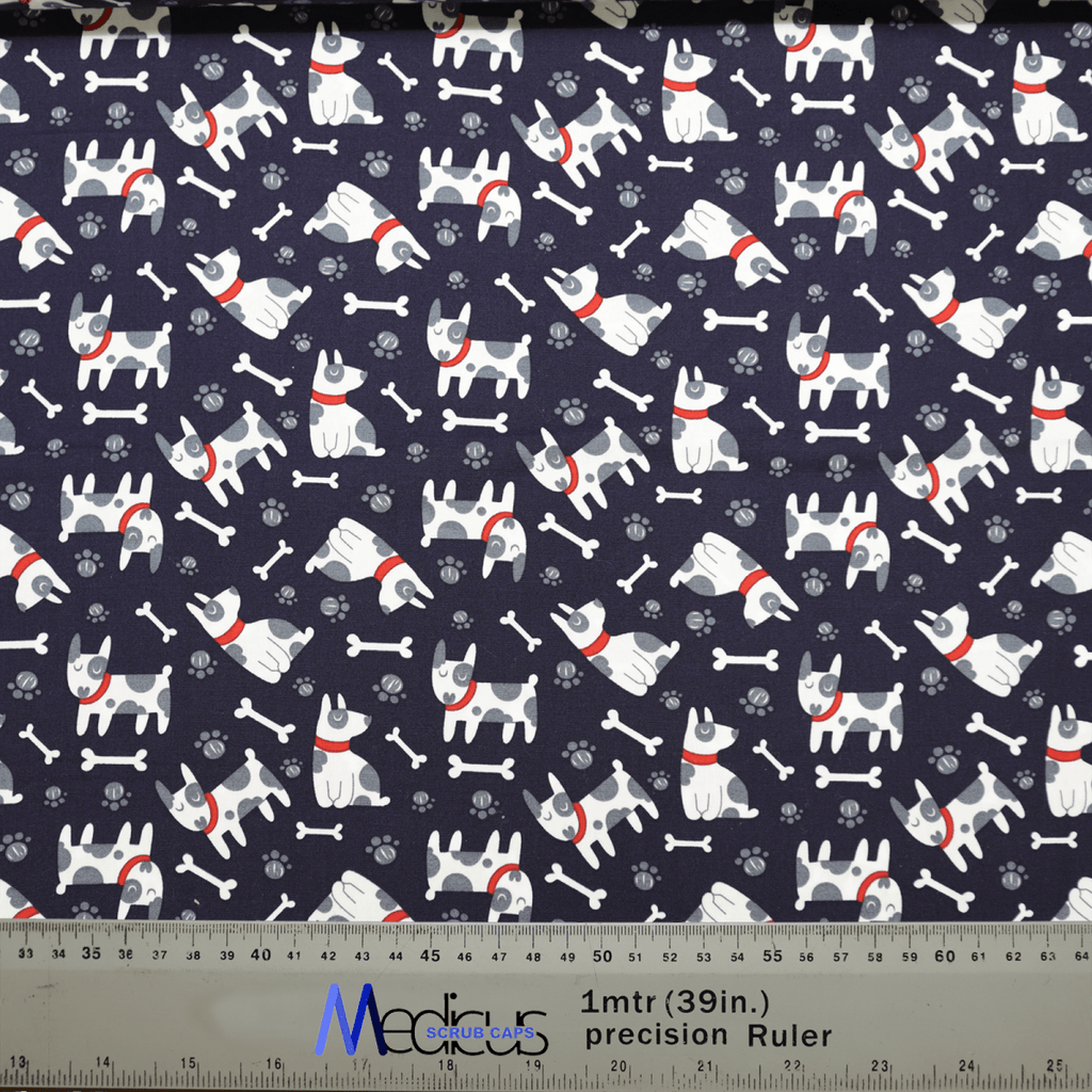 Patterned fabric with Boston Terrier dogs and bones on a dark background features white pups in red collars, ideal for custom embroidery. Includes a ruler in meters and inches. Perfect for crafting a unique Boston Terrier Dogs Scrub Cap from Medicus Scrub Caps.