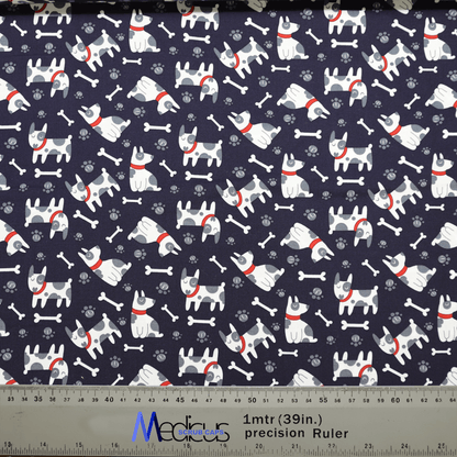 Patterned fabric with Boston Terrier dogs and bones on a dark background features white pups in red collars, ideal for custom embroidery. Includes a ruler in meters and inches. Perfect for crafting a unique Boston Terrier Dogs Scrub Cap from Medicus Scrub Caps.