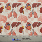 The Medicus Scrub Caps Brain Heart Kidney Liver Scrub Cap is made from patterned hypoallergenic 100% cotton, showcasing organs like hearts, brains, lungs, kidneys, and livers on a light background with circular accents. Ideal for eco-friendly healthcare use; includes an inch ruler at the bottom.