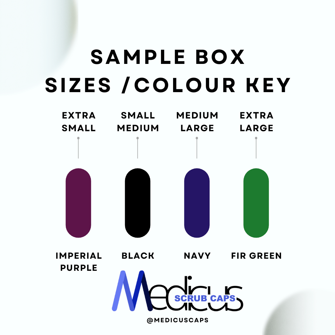 The image displays a chart of sample box sizes and colors for bulk orders of Medicus Scrub Caps: Extra Small (Imperial Purple), Small (Black), Medium (Navy), Large (Green), and Extra Large (Fir Green). The Medicus Scrub Caps logo is prominently featured at the bottom.