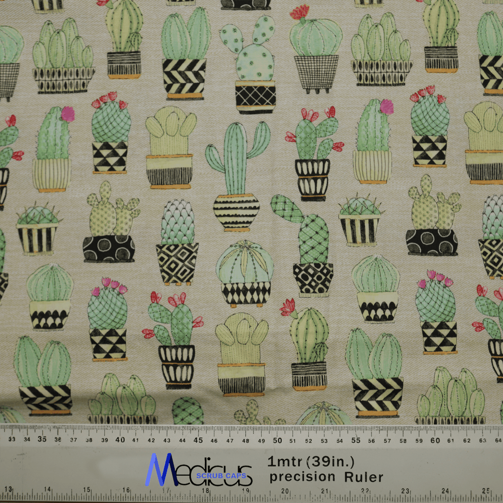 The Cactus #1 Abstract Pots Scrub Cap by Medicus Scrub Caps features patterned fabric with illustrated cacti in decorative pots and black geometric designs. This eco-friendly cap is beige with customizable options, and a scale ruler with manufacturer details is at the bottom.