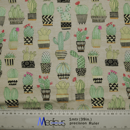 The Cactus #1 Abstract Pots Scrub Cap by Medicus Scrub Caps features patterned fabric with illustrated cacti in decorative pots and black geometric designs. This eco-friendly cap is beige with customizable options, and a scale ruler with manufacturer details is at the bottom.
