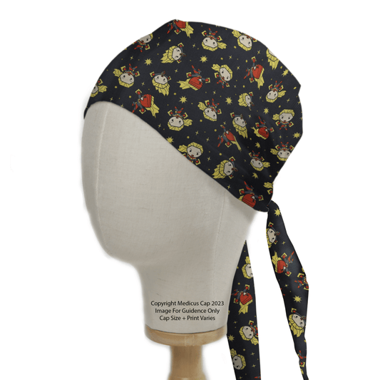 A mannequin head displays the Captain Marvel Kawaii Scrub Cap by Medicus Scrub Caps, featuring playful cartoon pirates wielding swords and maps on a dark background. The ties hang down the side, and a copyright notice decorates the fabric.