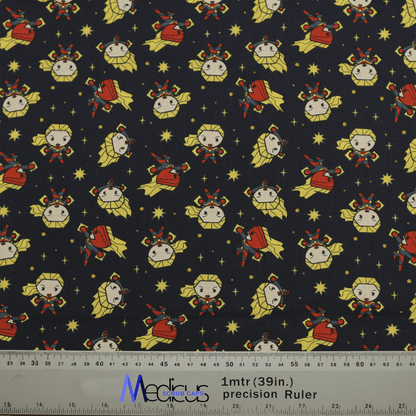 The Captain Marvel Kawaii Scrub Cap by Medicus Scrub Caps features fabric with cartoon characters on a navy background, adorned with heroic red and yellow designs. A ruler at the bottom displays inches and meters—ideal for crafting this unique scrub cap.