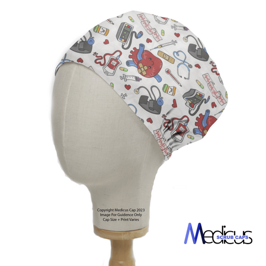 A mannequin head displays the Cardiac Heart Surgeon Kit Scrub Cap by Medicus Scrub Caps, featuring a vibrant medical-themed pattern with stethoscopes, syringes, and hearts, seamlessly blending style into professional medical attire.