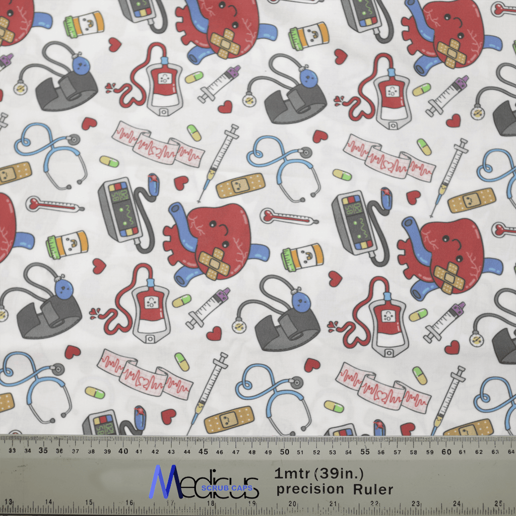 The Cardiac Heart Surgeon Kit Scrub Cap by Medicus Scrub Caps showcases a vibrant pattern with hearts, band-aids, pills, syringes, stethoscopes, and thermometers. Ideal for a playful medical-themed design with fabric measurements up to 1 meter at the bottom.