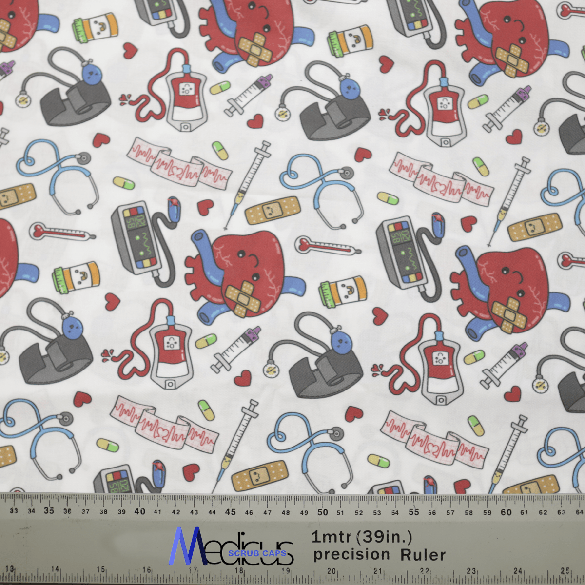The Cardiac Heart Surgeon Kit Scrub Cap by Medicus Scrub Caps showcases a vibrant pattern with hearts, band-aids, pills, syringes, stethoscopes, and thermometers. Ideal for a playful medical-themed design with fabric measurements up to 1 meter at the bottom.