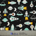 Cartoon Spaceships Blue scrub cap fabric texture close-up