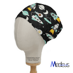 Cartoon Spaceships Blue scrub cap shown on mannequin head