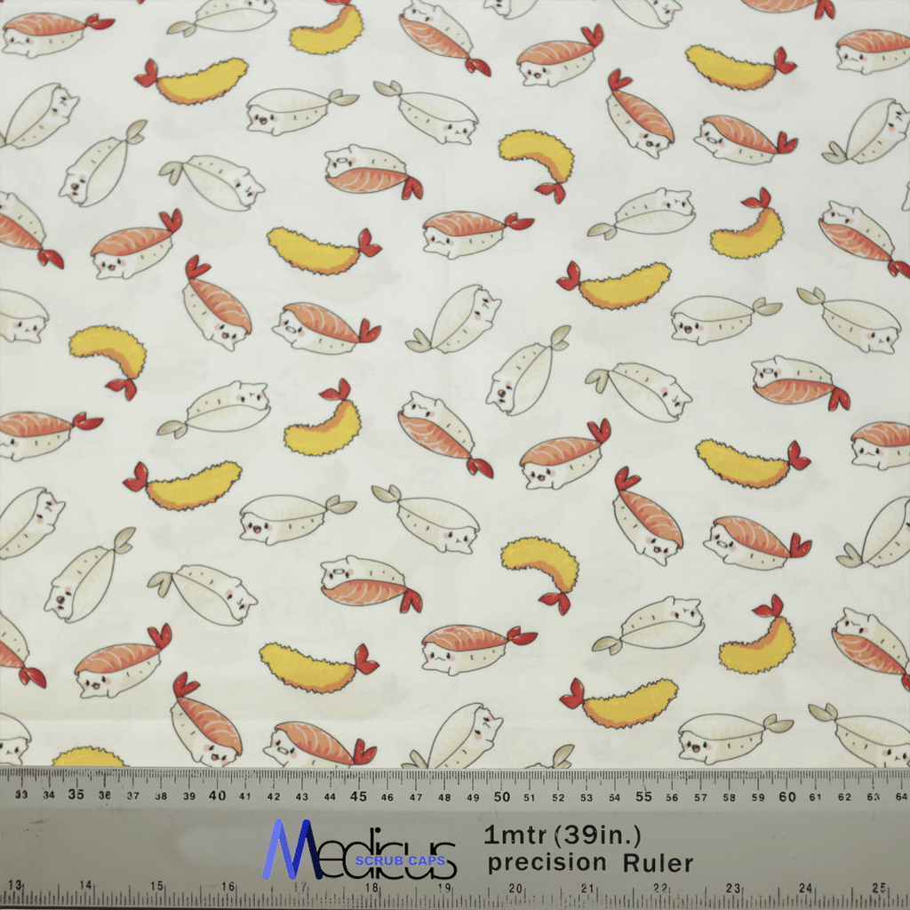 The eco-friendly Cat Sushi Scrub Cap by Medicus Scrub Caps showcases playful sushi and cat patterns, featuring whimsical expressions on sushi rolls, nigiri, and shrimp with adorable cat faces. A measurement ruler is included for ergonomic comfort.