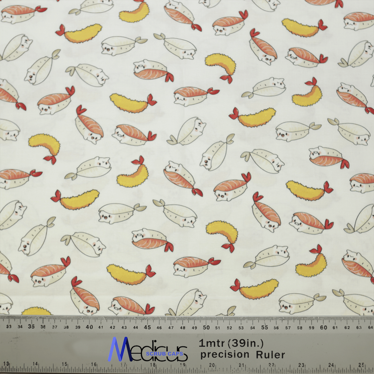 The eco-friendly Cat Sushi Scrub Cap by Medicus Scrub Caps showcases playful sushi and cat patterns, featuring whimsical expressions on sushi rolls, nigiri, and shrimp with adorable cat faces. A measurement ruler is included for ergonomic comfort.