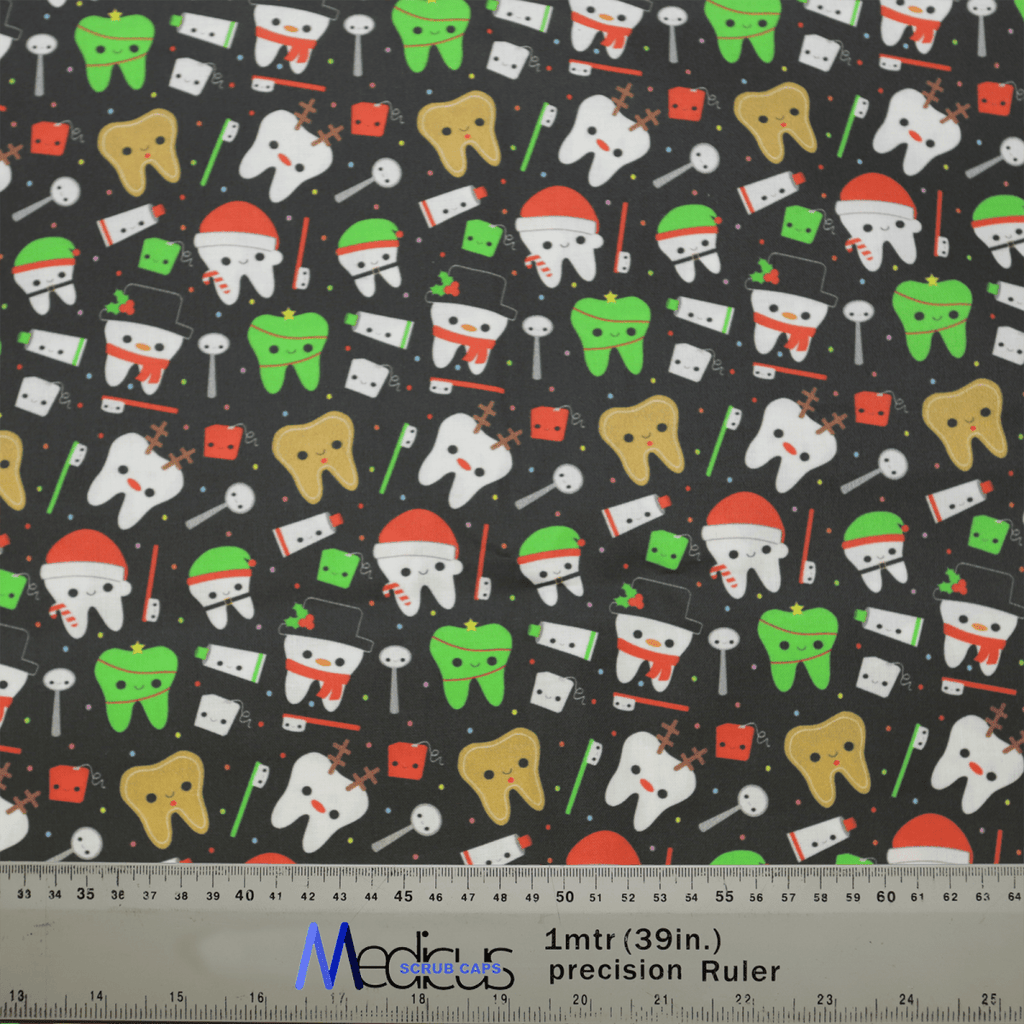 Add festive flair with Medicus Scrub Caps Christmas Dental Santa Scrub Cap, featuring cartoon teeth in Santa hats on a black background. Perfect for adding cheer to your workwear with dental icons like toothbrushes and floss; includes a ruler at the bottom for tailored comfort.