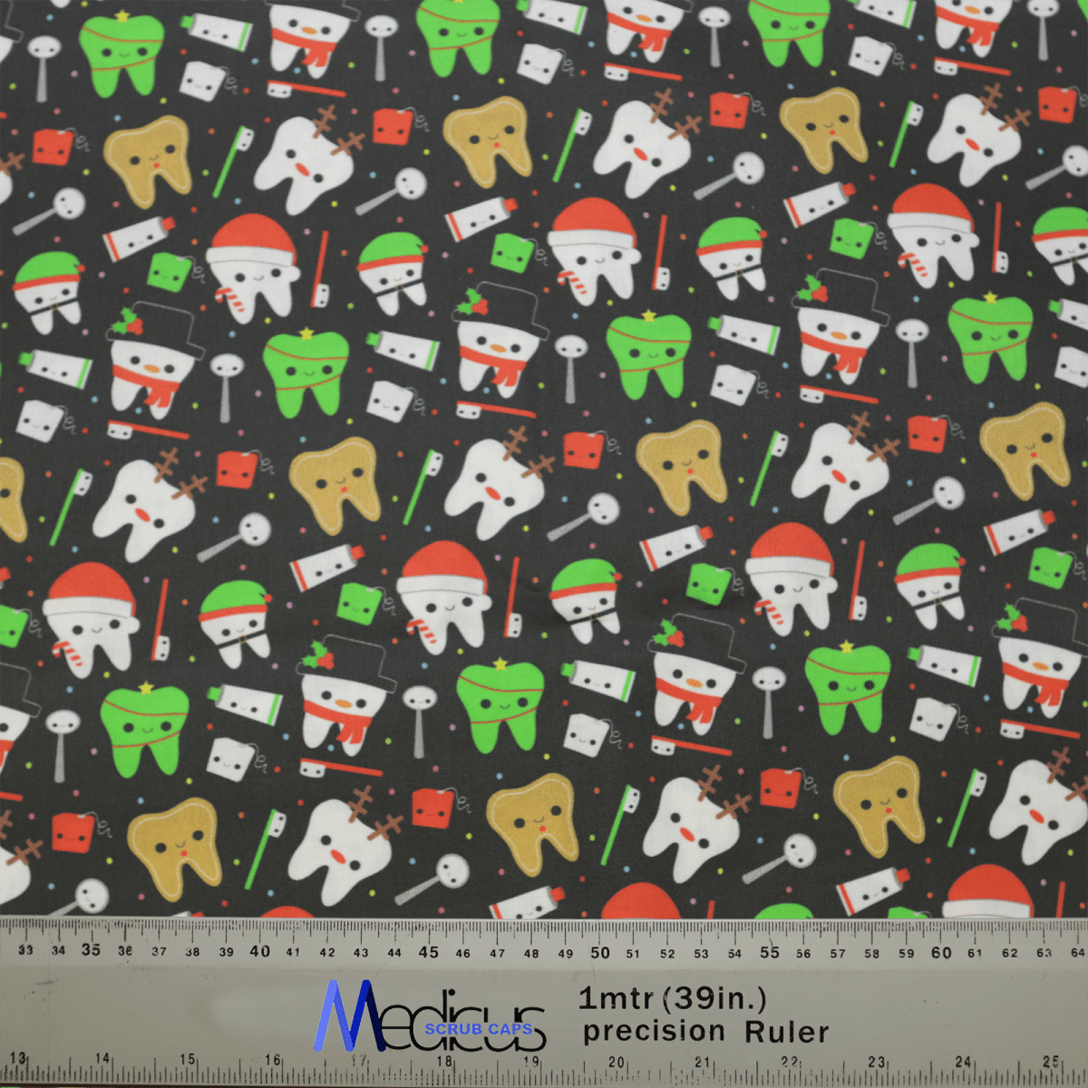 Add festive flair with Medicus Scrub Caps Christmas Dental Santa Scrub Cap, featuring cartoon teeth in Santa hats on a black background. Perfect for adding cheer to your workwear with dental icons like toothbrushes and floss; includes a ruler at the bottom for tailored comfort.