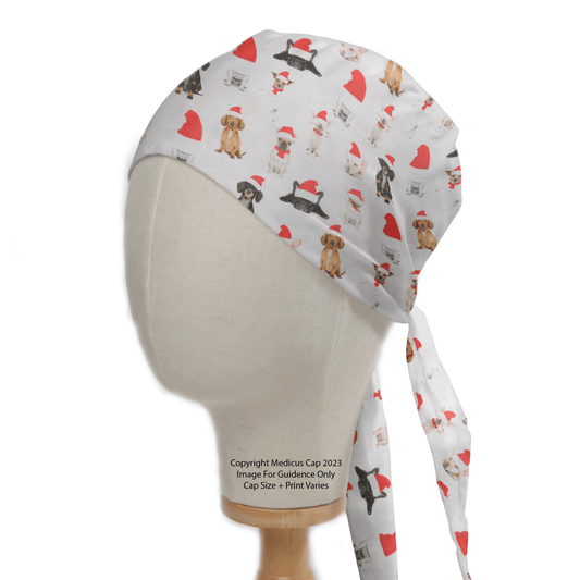 The Medicus Scrub Caps Christmas Dog Santa Hats Scrub Cap features a playful design with Christmas dogs in Santa hats and red hearts on white fabric, offering a festive look. This reusable scrub cap has charming ties that hang down the back.