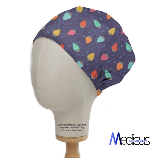 A mannequin head features a Christmas lights #2 Scrub Cap by Medicus Scrub Caps, showcasing a vibrant pattern of irregular shapes and lines that evoke twinkling Christmas lights, with the logo on the corner.