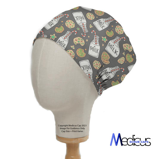 A mannequin head dons the Christmas Milk + Cookies Grey Scrub Cap by Medicus Scrub Caps, featuring a festive print of milk bottles, pizzas, and tacos on a gray background—ideal for holiday medical attire.