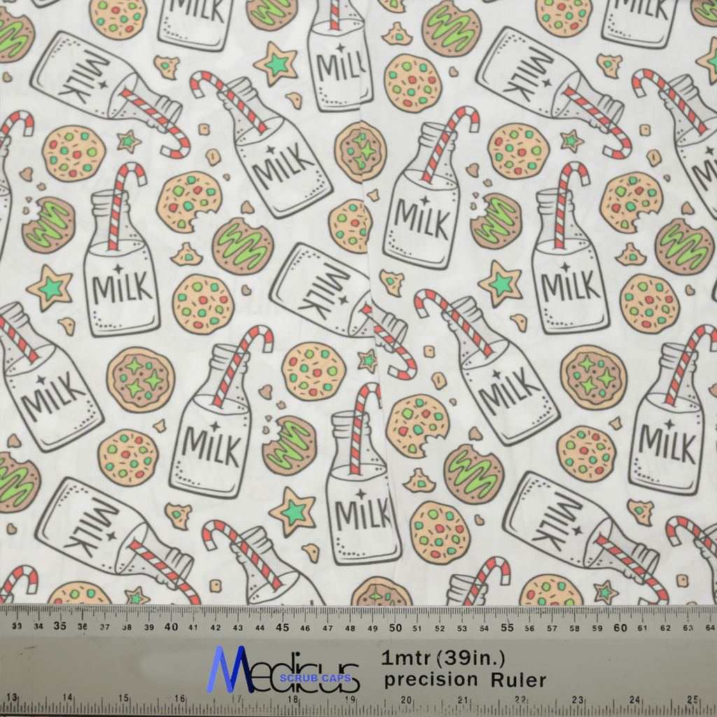 The Christmas Milk + Cookies White Scrub Cap by Medicus Scrub Caps features a festive design of milk bottles with striped straws and chocolate chip cookies on a white background. A measuring ruler at the bottom adds practicality, showing 1 meter (39 inches), perfect for the holiday spirit.