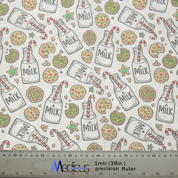 The Christmas Milk + Cookies White Scrub Cap by Medicus Scrub Caps features a festive design of milk bottles with striped straws and chocolate chip cookies on a white background. A measuring ruler at the bottom adds practicality, showing 1 meter (39 inches), perfect for the holiday spirit.