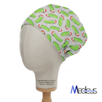 Christmas Pickle Rick Inspired scrub cap shown on mannequin head