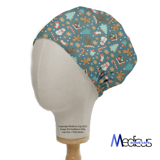 A mannequin displays the Christmas Santa Tree Toss Scrub Cap, featuring holiday prints like trees, snowmen, and presents on a teal backdrop. Side view shows Copyright Medicus Cap 2023 with Medicus Scrub Caps logo.