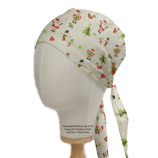 The Christmas Santa Wrapping paper Scrub Cap by Medicus Scrub Caps, displayed on a mannequin head, features vibrant Santa Claus, snowmen, and Christmas tree prints on a white background. Elegant ties at the back add festive cheer to any setting.