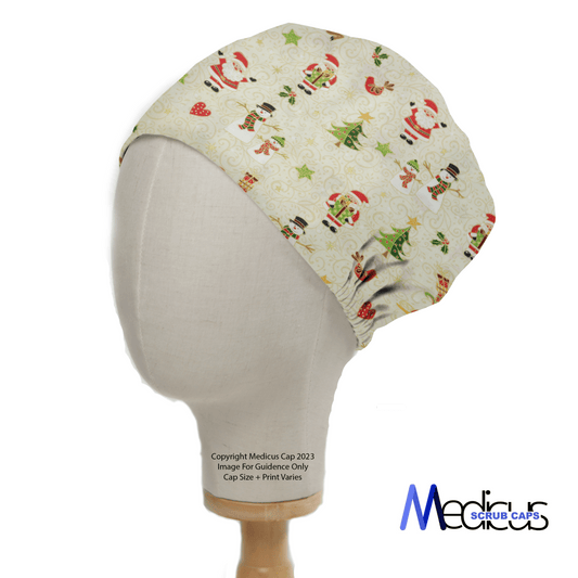 Medicus Scrub Caps introduces the Christmas Santa Wrapping Paper scrub cap, featuring festive patterns like snowmen, gingerbread men, and Christmas trees. Displayed on a mannequin head against a white background, it radiates holiday joy in any healthcare setting.