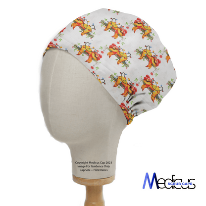 The mannequin head showcases a Christmas Sloth Lights Scrub Cap by Medicus Scrub Caps, featuring playful dogs in winter attire, set against a white background.