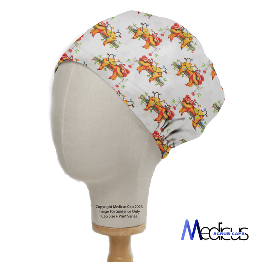 The mannequin head showcases a Christmas Sloth Lights Scrub Cap by Medicus Scrub Caps, featuring playful dogs in winter attire, set against a white background.