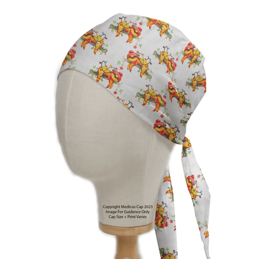 A Medicus Scrub Caps Christmas Sloth Lights Scrub Cap features a festive print of dogs and sloth lights on a white background, with an extended tie at the back for added charm.