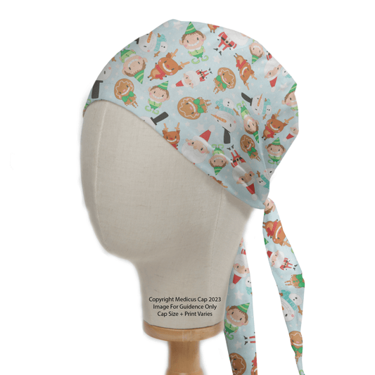 A mannequin head displays the Medicus Scrub Caps Christmas Smiling Santa Elf Elves Reindeer scrub cap, featuring festive designs of Santa, elves, and reindeer on a light blue background.