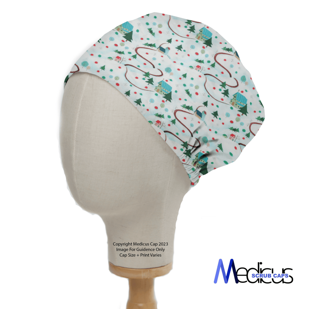 A mannequin displays the Christmas Winter House scrub cap by Medicus Scrub Caps, featuring medical designs such as stethoscopes and syringes among snowflakes and trees. The festive scene is set against a white background with the brand name in the bottom right corner.