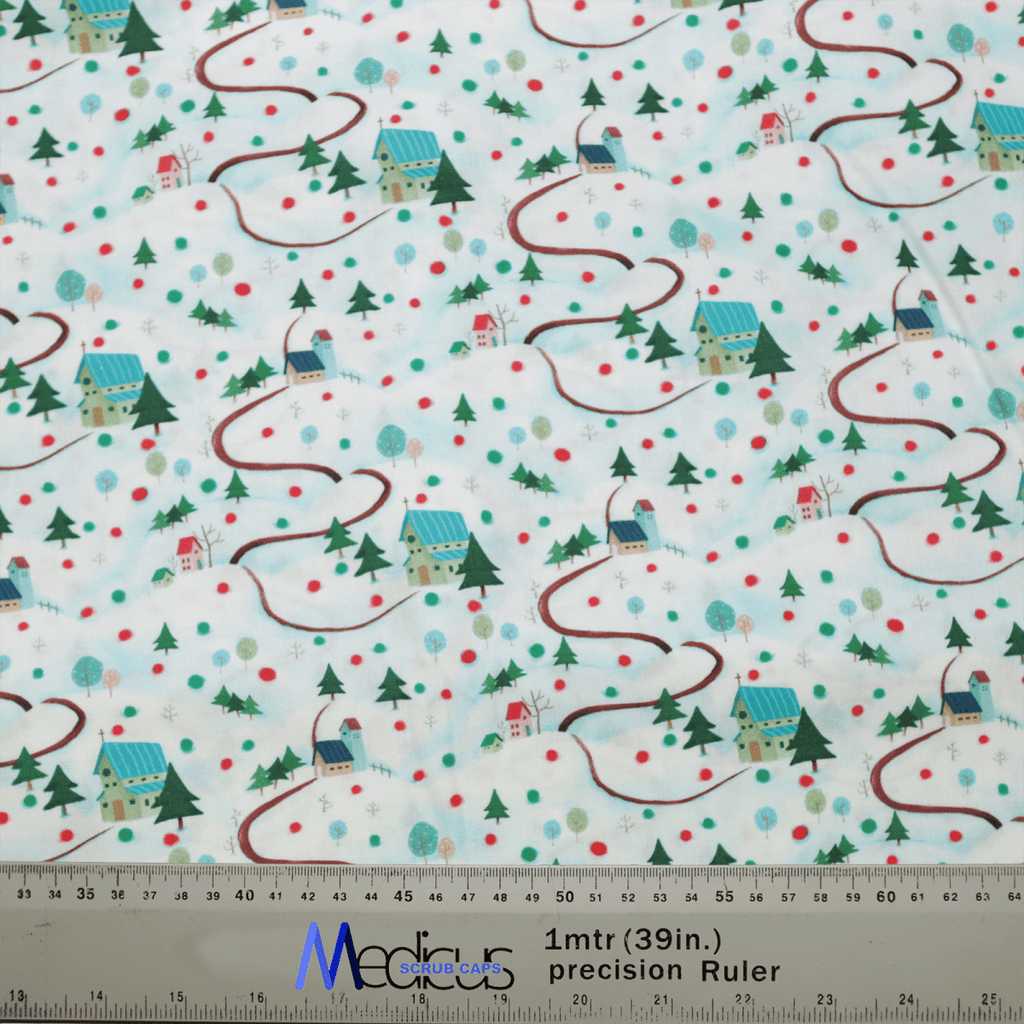 Embrace the festive spirit with Medicus Scrub Caps Christmas Winter House scrub cap, featuring a charming winter village design of snowy houses, evergreens, red paths, and delicate snowflakes. Complete with a ruler for perfect fit and comfort across a 1-meter length.