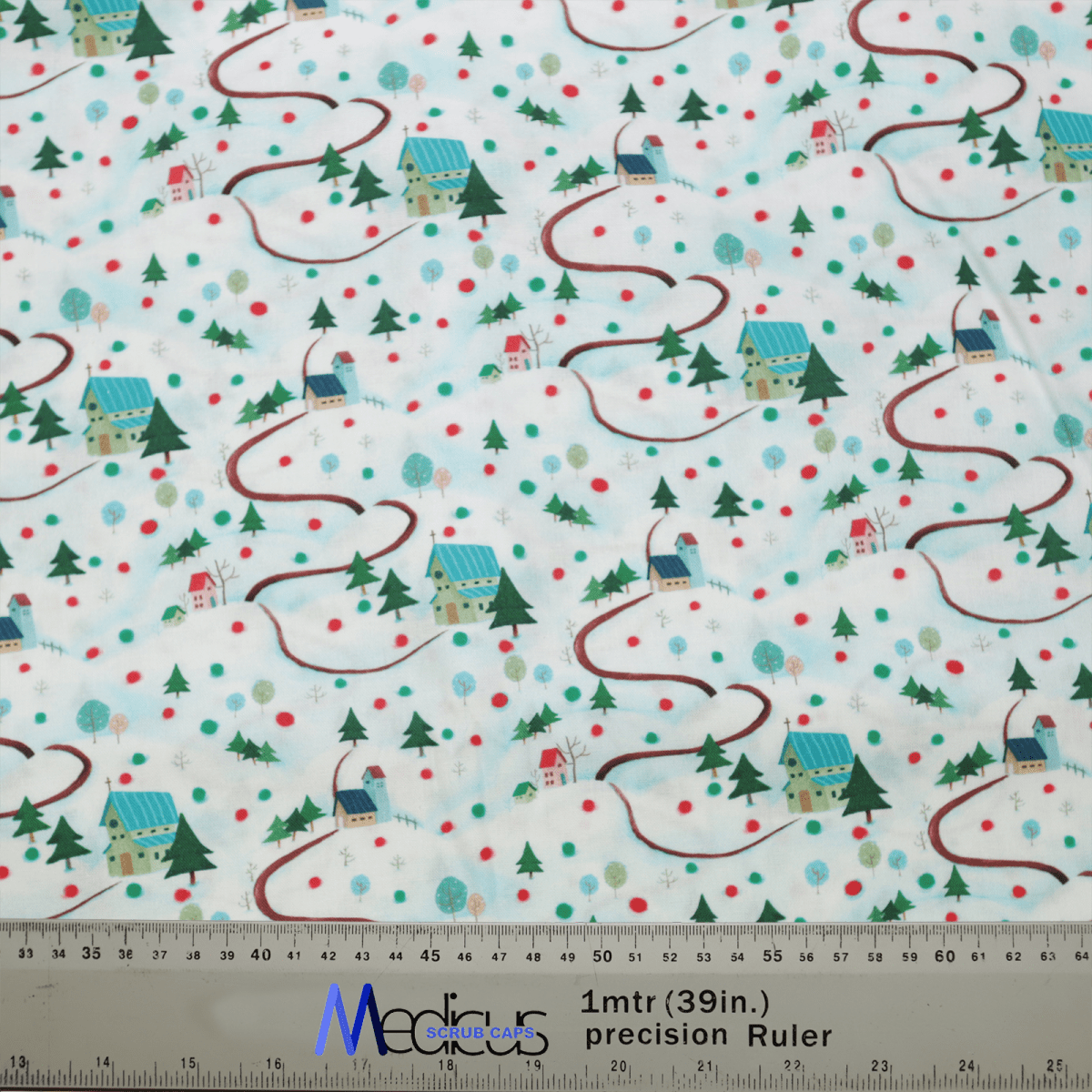 Embrace the festive spirit with Medicus Scrub Caps Christmas Winter House scrub cap, featuring a charming winter village design of snowy houses, evergreens, red paths, and delicate snowflakes. Complete with a ruler for perfect fit and comfort across a 1-meter length.