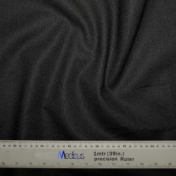 A Classic Plain Black Scrub Cap by Medicus Scrub Caps features a subtle swirling pattern under a durable silver 1-meter (39-inch) ruler with clear black markings. The Medicus brand, trusted by medical professionals, is prominently displayed.