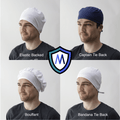 A quadrant image displays a man in vibrant-colored scrub caps, including Elastic Backed, Captain Tie Back, Bouffant, and Bandana Tie Back styles. A Medicus Scrub Caps shield logo with an M is centered among the images. Featured: Classic Plain Corn Yellow Scrub Cap | Theatre Hat.