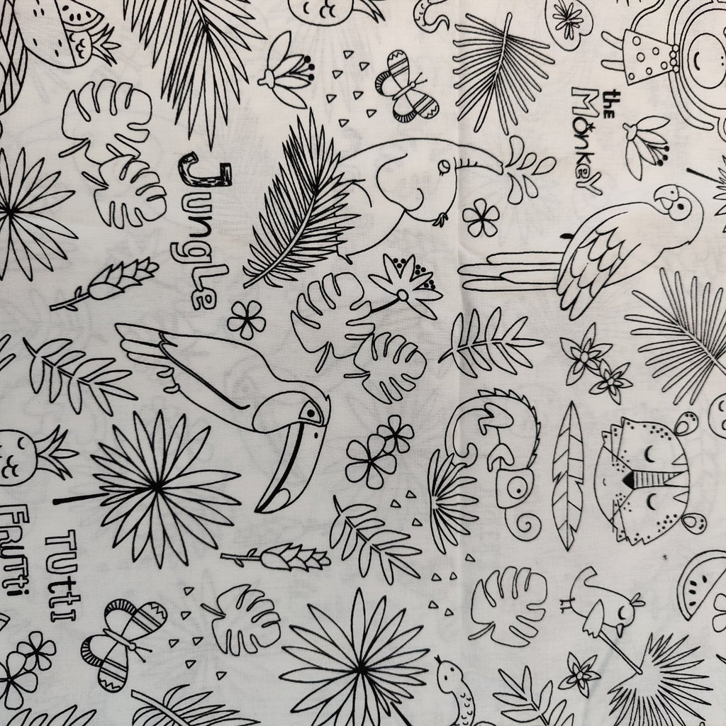 The Colour Me In Scrub Cap by Medicus Scrub Caps showcases black and white line art of toucans, monkeys, tigers, parrots, and lush foliage with the words Jungle, Tutti Frutti, and The Monkey scattered throughout for a hygienic yet stylish look.