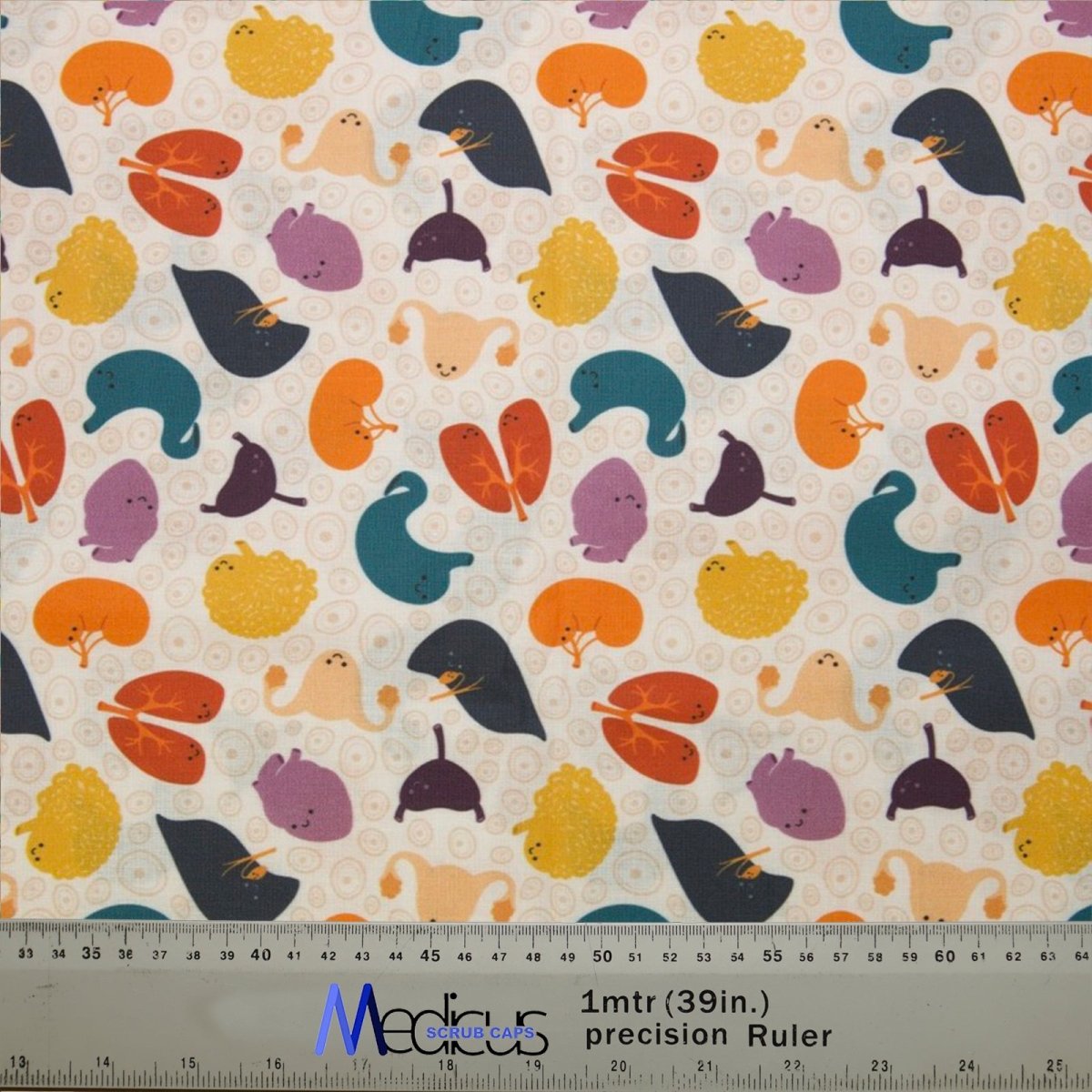 The Medicus Scrub Caps Colourful Organs Hearts Kidneys Scrub Cap features a vibrant pattern of stylized animals like hedgehogs, birds, and snails in orange, yellow, purple, and teal. It includes a ruler up to 39 inches and is ideal for healthcare professionals seeking sustainability.