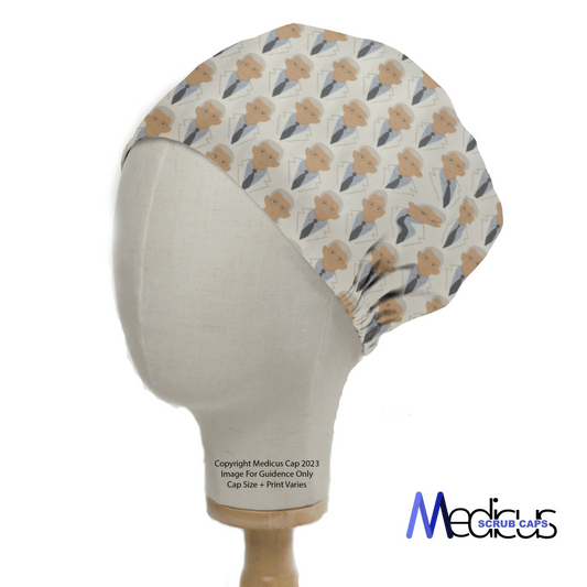 A mannequin head displays the Medicus Scrub Caps Covid Dr Facci Doctor Scrub Cap with a custom doctor-themed pattern, designed for healthcare professionals. Logo at bottom right.