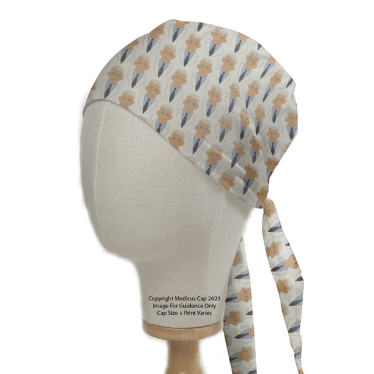 A mannequin head displays the Covid Dr Facci Doctor Scrub Cap from Medicus Scrub Caps, featuring a repeating pattern of cartoon doctors in white coats on a light gray background.