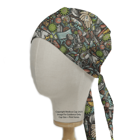 A mannequin head displays the Covid Graffiti Mashup Scrub Cap by Medicus Scrub Caps, featuring vibrant cartoonish patterns like stop signs with abstract designs in green and brown tones. Designed for healthcare professionals, it includes a visible copyright notice below.