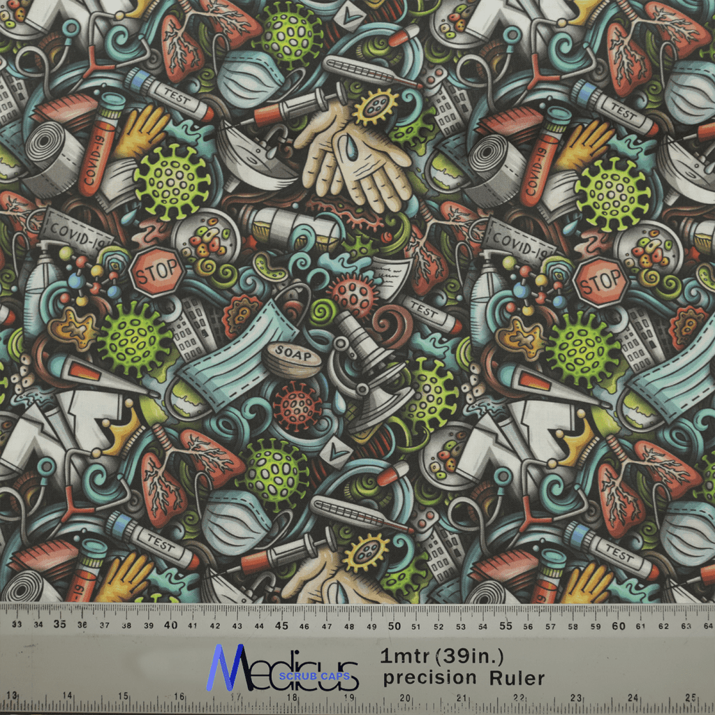 The Covid Graffiti Mashup Scrub Cap by Medicus Scrub Caps showcases colorful illustrations, including virus particles, masks, gloves, and sanitizer. Ideal for healthcare professionals, its dense design includes a scale ruler at the bottom.